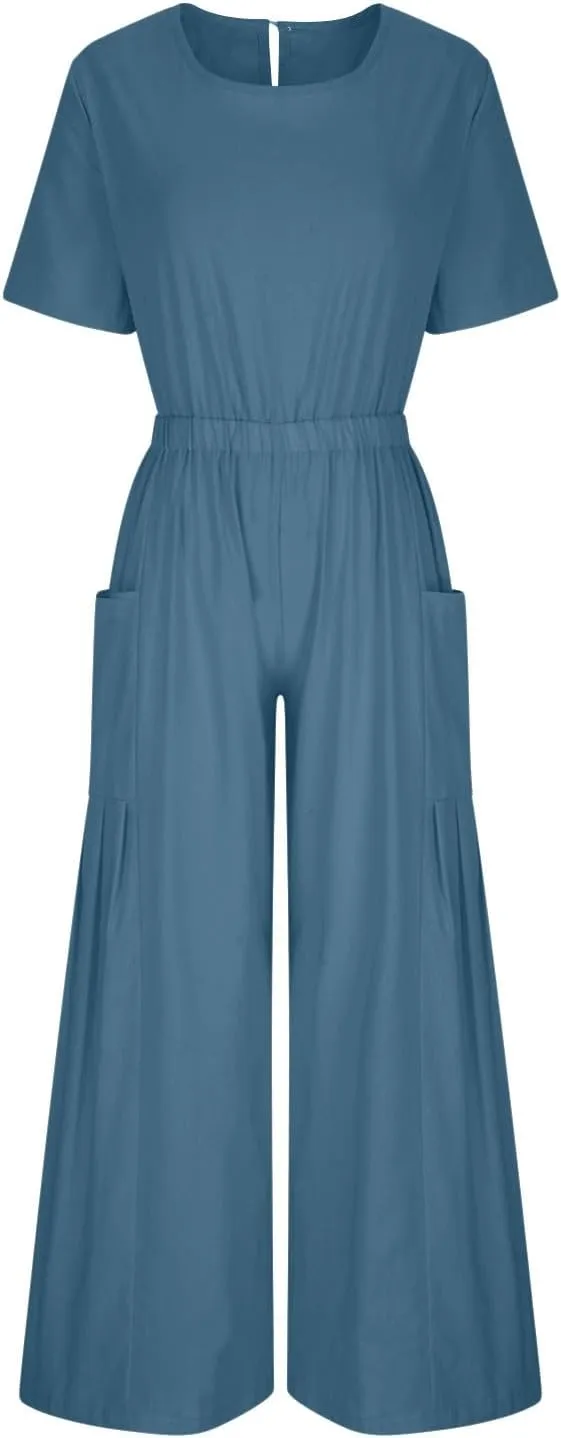 HGps8w Cotton Linen Jumpsuits for Women Casual Wide Leg Pants Romper 2025 Summer Short Sleeve One Piece Outfits with Pockets