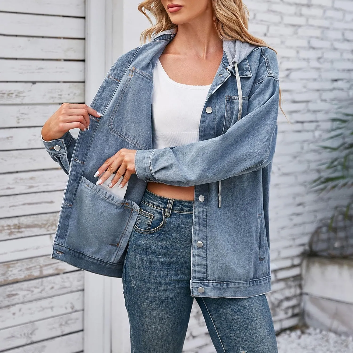 HGps8w Hooded Denim Jackets for Women Button Down Long Sleeve Casual Outerwear Fall Winter Trucker Coat with Pockets