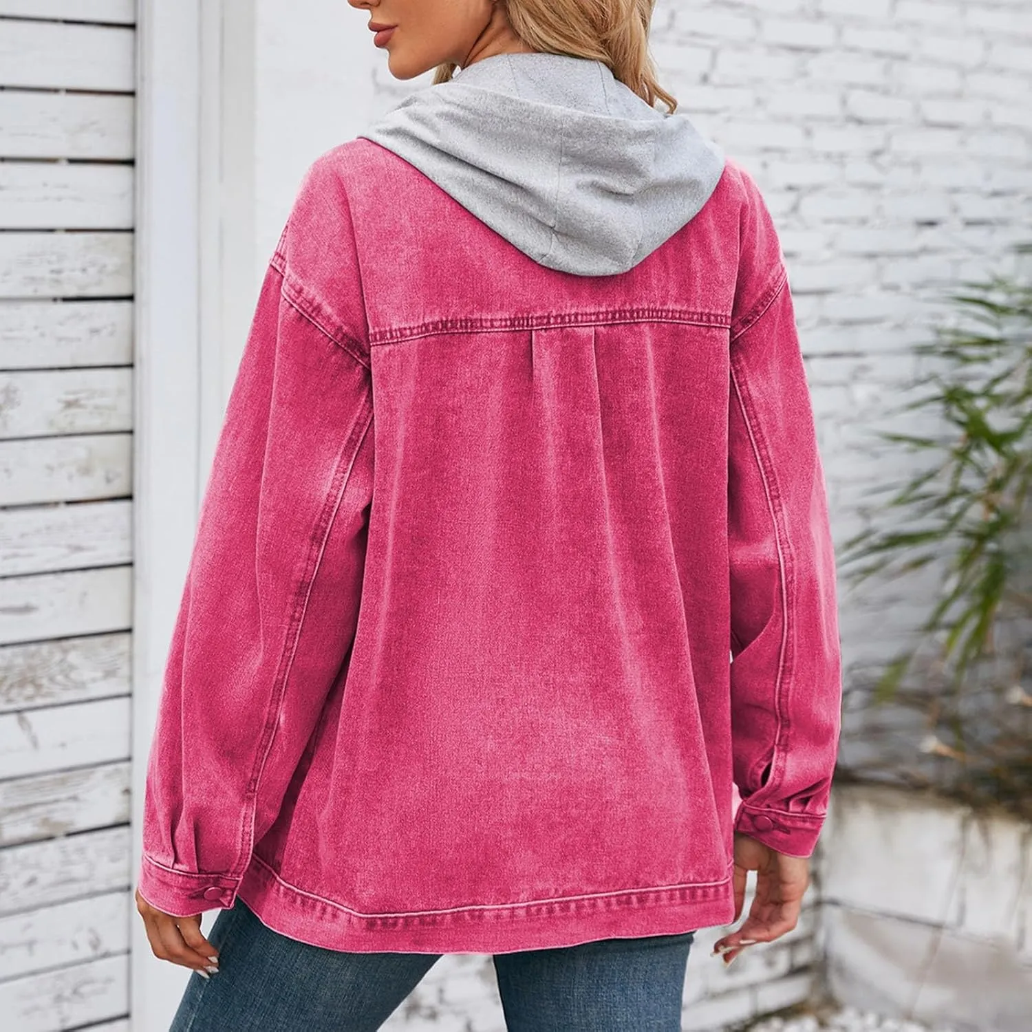 HGps8w Hooded Denim Jackets for Women Button Down Long Sleeve Casual Outerwear Fall Winter Trucker Coat with Pockets