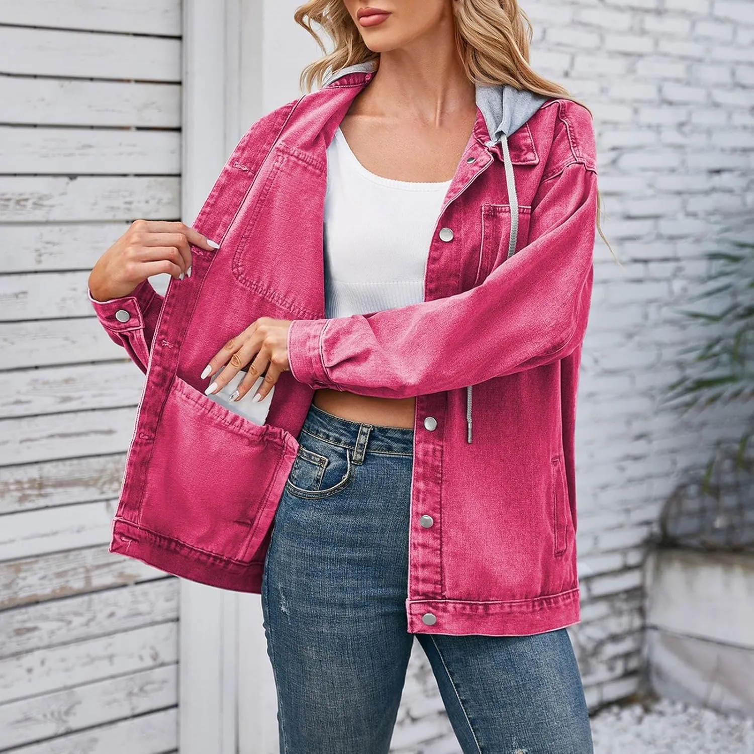 HGps8w Hooded Denim Jackets for Women Button Down Long Sleeve Casual Outerwear Fall Winter Trucker Coat with Pockets