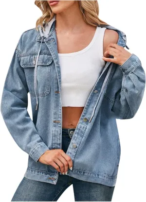 HGps8w Hooded Denim Jackets for Women Button Down Long Sleeve Casual Outerwear Fall Winter Trucker Coat with Pockets