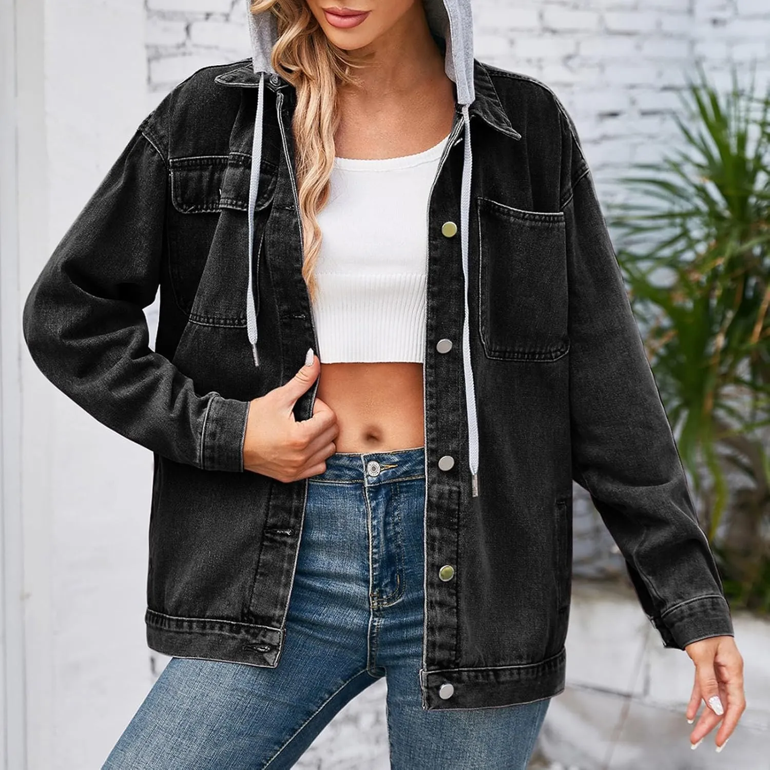 HGps8w Hooded Denim Jackets for Women Button Down Long Sleeve Casual Outerwear Fall Winter Trucker Coat with Pockets