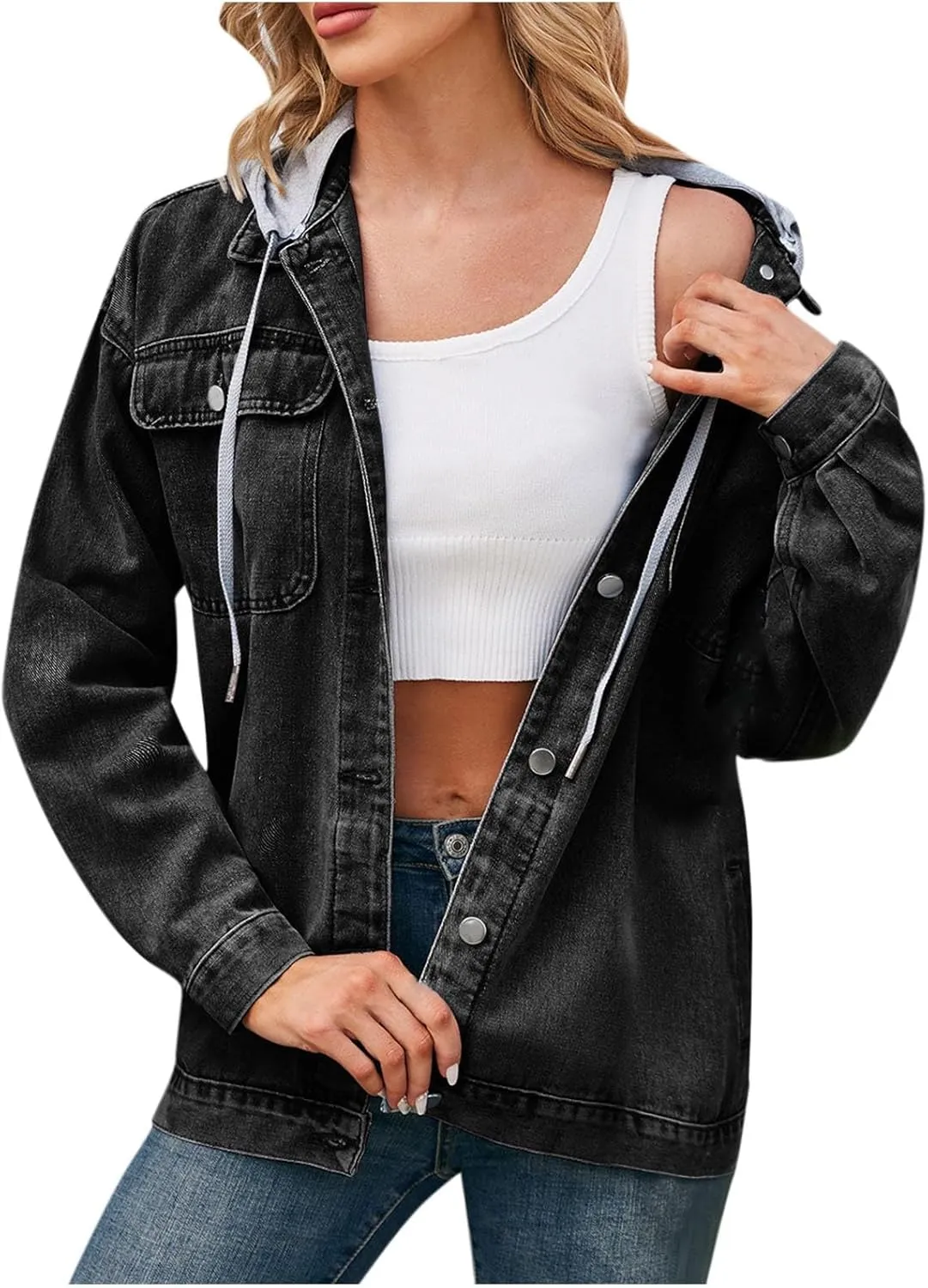 HGps8w Hooded Denim Jackets for Women Button Down Long Sleeve Casual Outerwear Fall Winter Trucker Coat with Pockets
