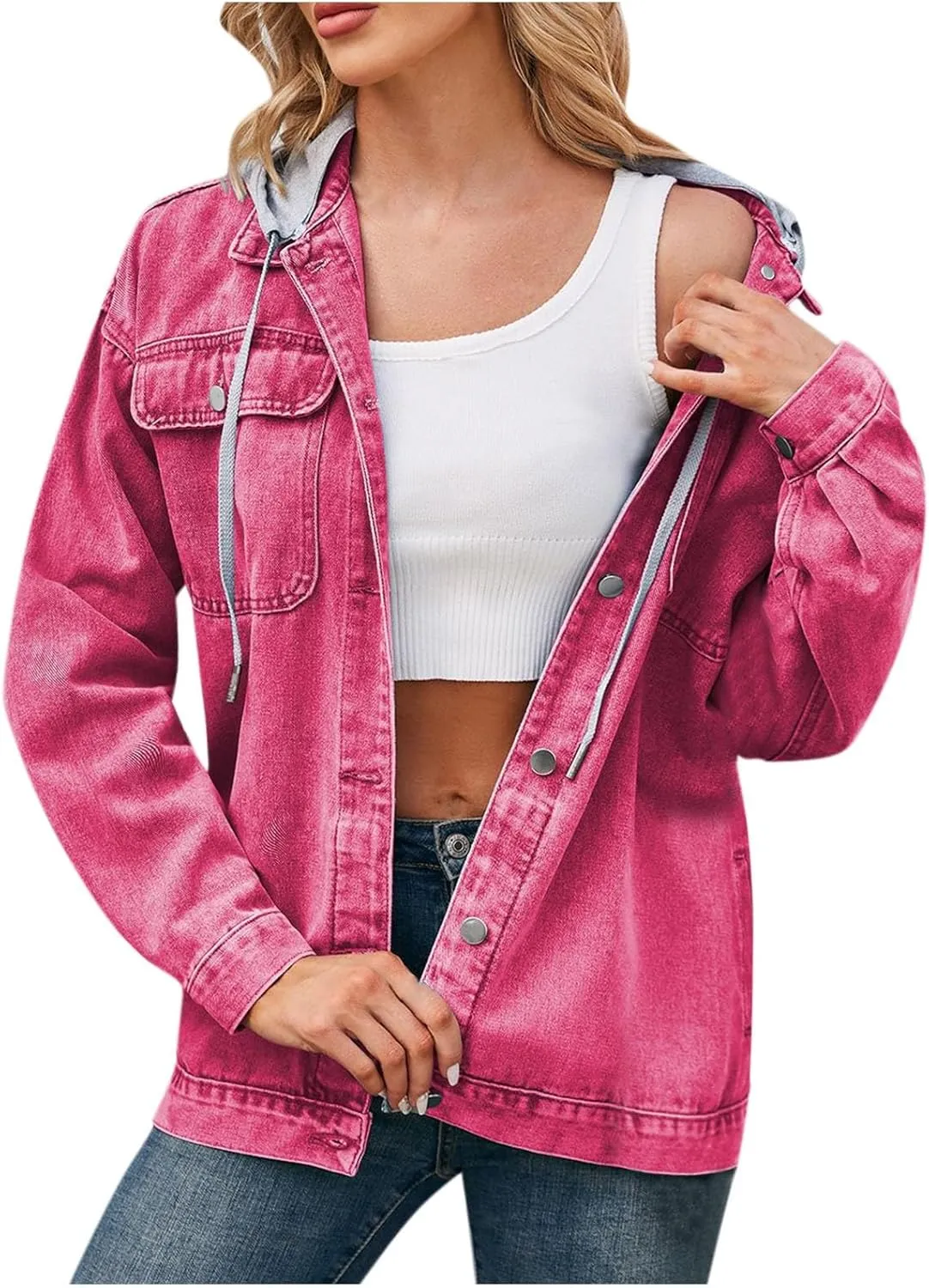 HGps8w Hooded Denim Jackets for Women Button Down Long Sleeve Casual Outerwear Fall Winter Trucker Coat with Pockets