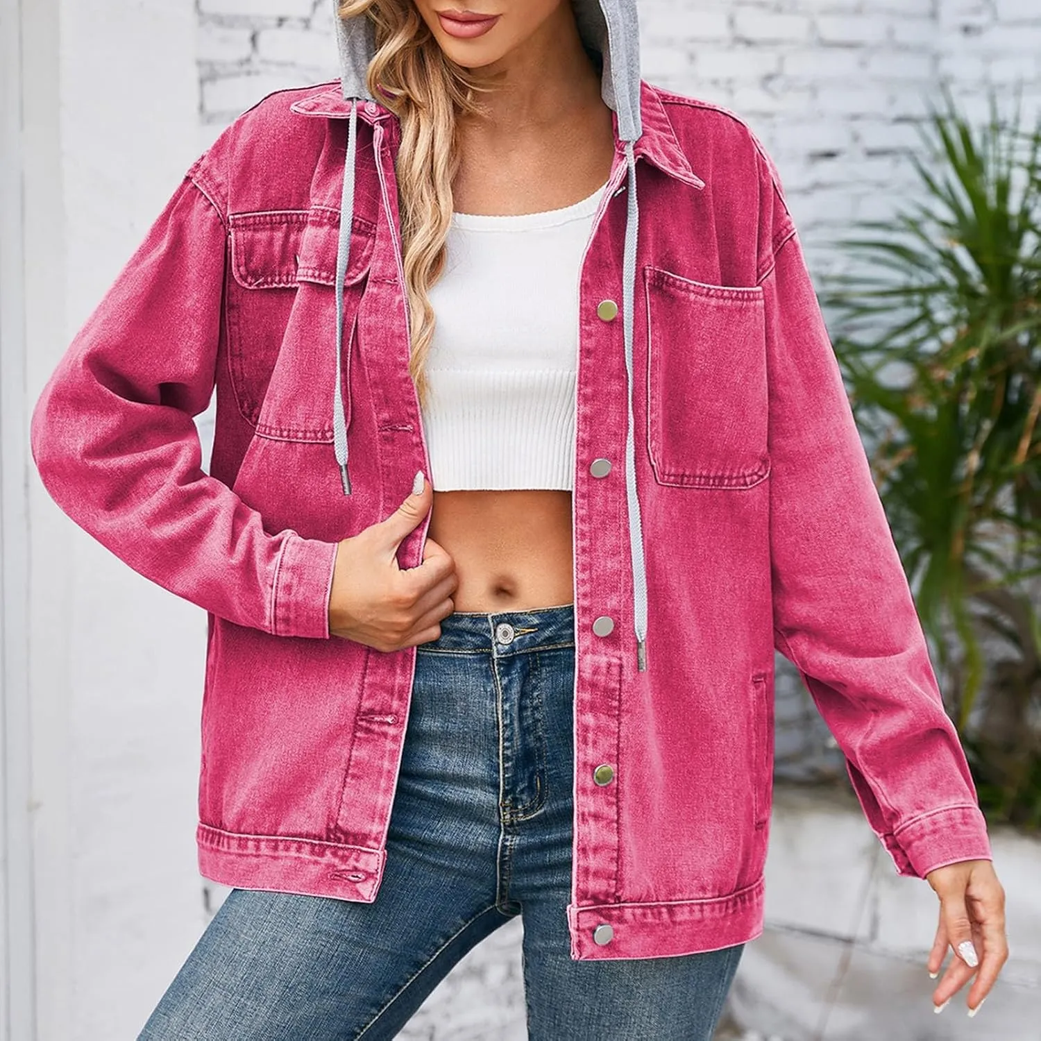HGps8w Hooded Denim Jackets for Women Button Down Long Sleeve Casual Outerwear Fall Winter Trucker Coat with Pockets