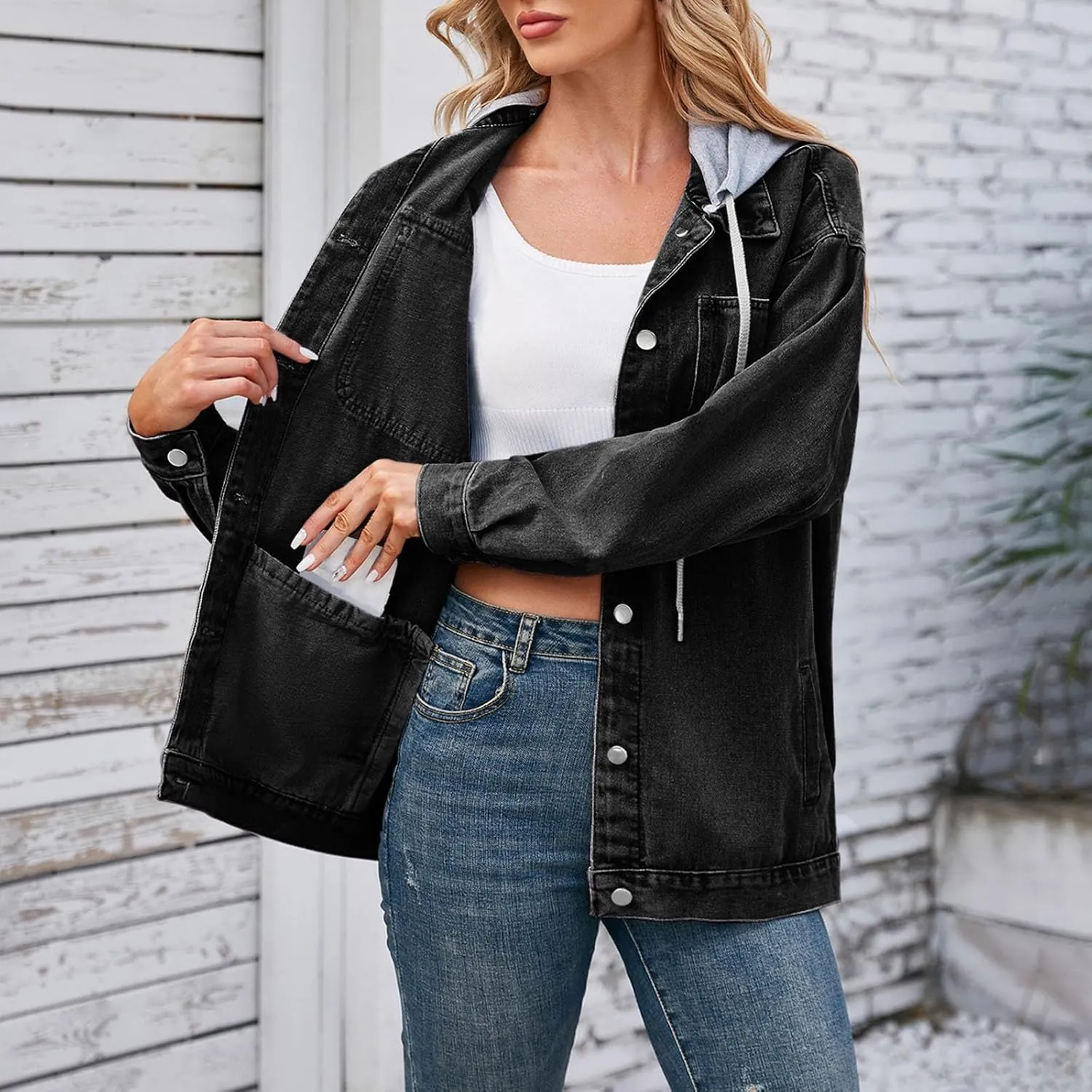 HGps8w Hooded Denim Jackets for Women Button Down Long Sleeve Casual Outerwear Fall Winter Trucker Coat with Pockets