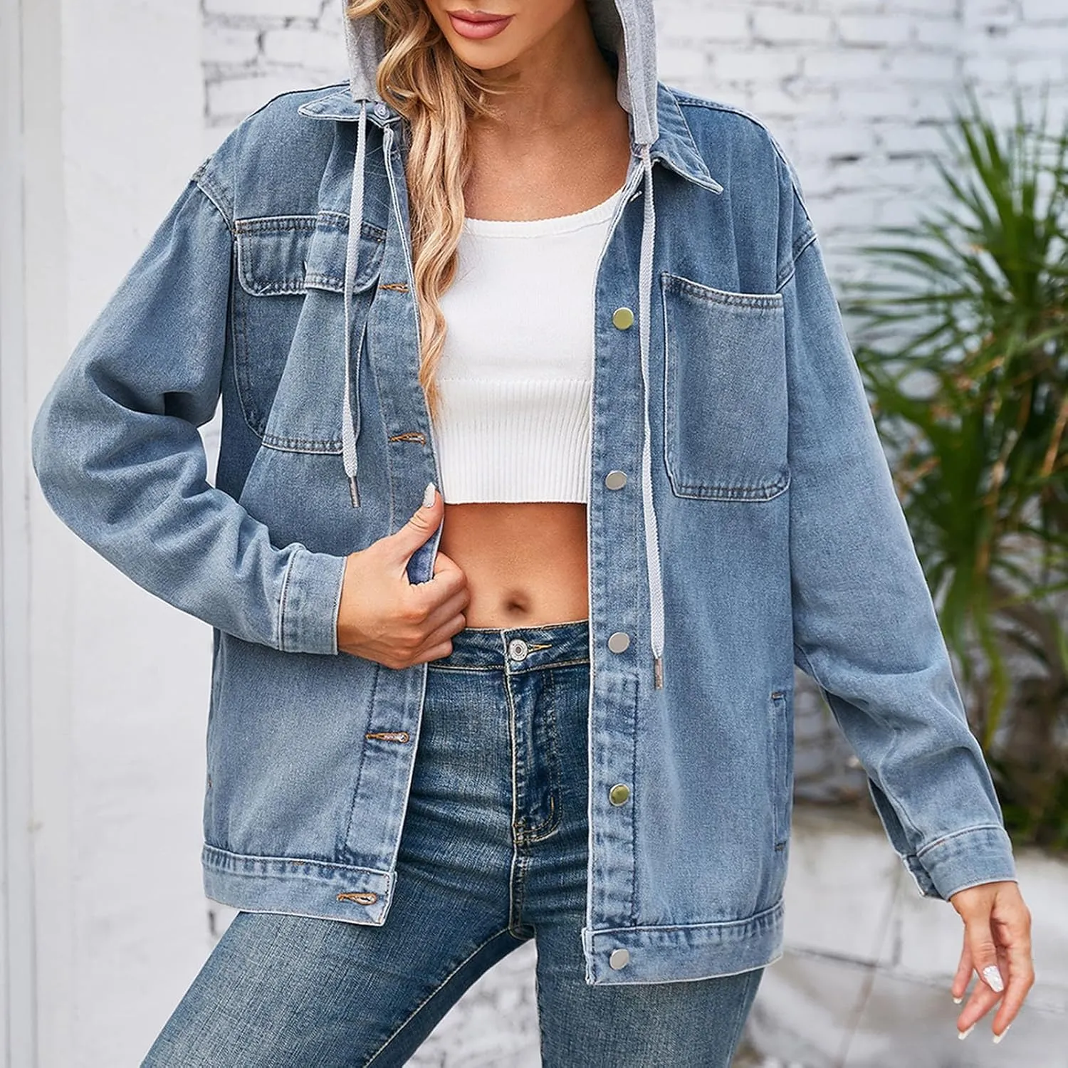 HGps8w Hooded Denim Jackets for Women Button Down Long Sleeve Casual Outerwear Fall Winter Trucker Coat with Pockets