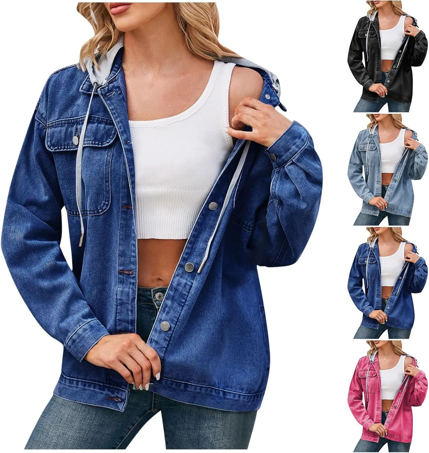HGps8w Hooded Denim Jackets for Women Button Down Long Sleeve Casual Outerwear Fall Winter Trucker Coat with Pockets