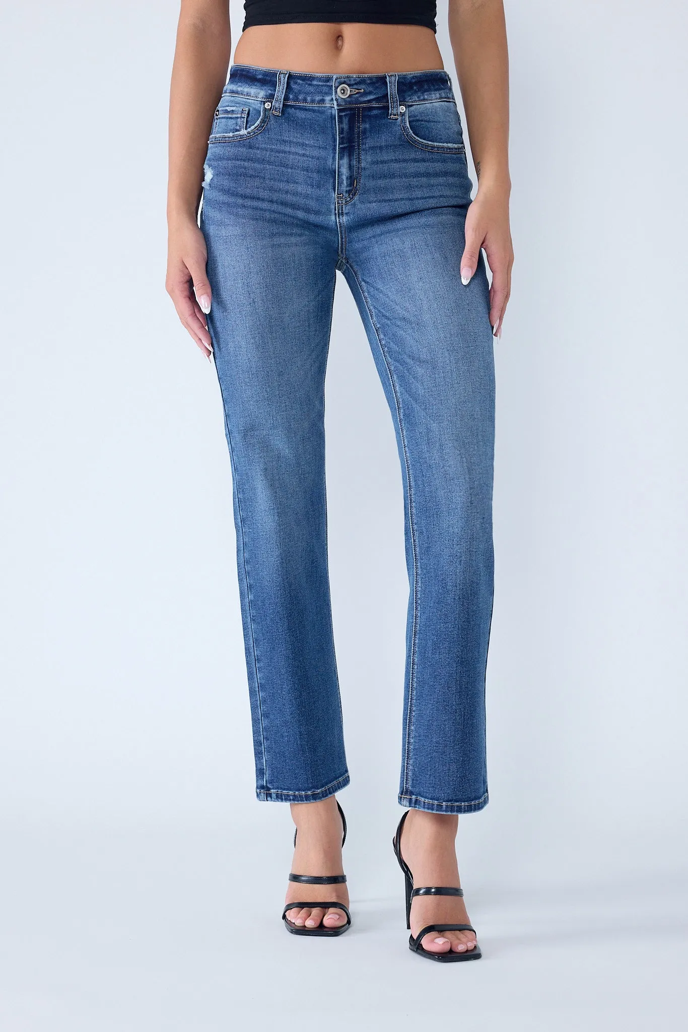 High Rise Destructed Straight Jeans