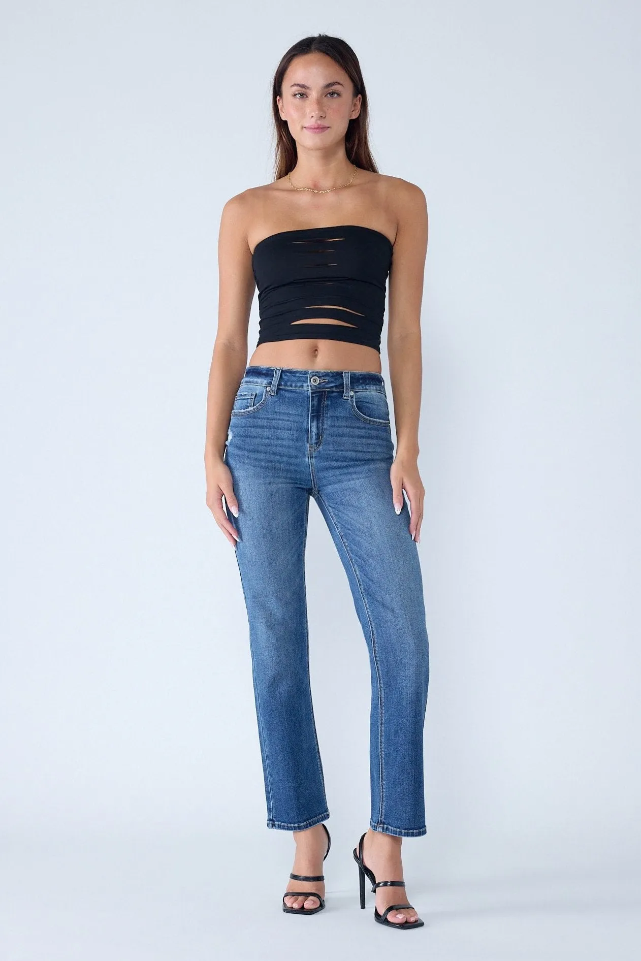High Rise Destructed Straight Jeans