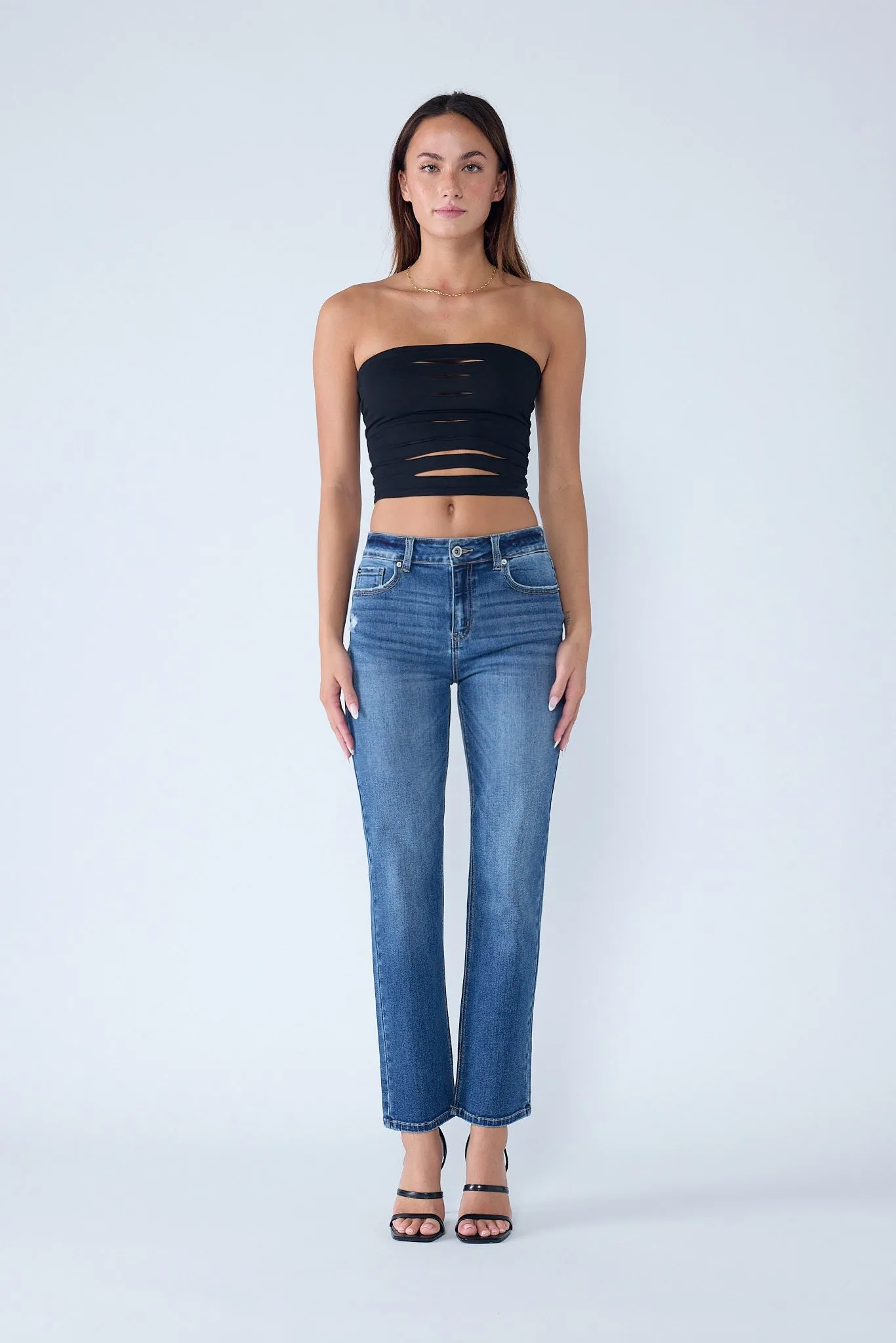 High Rise Destructed Straight Jeans