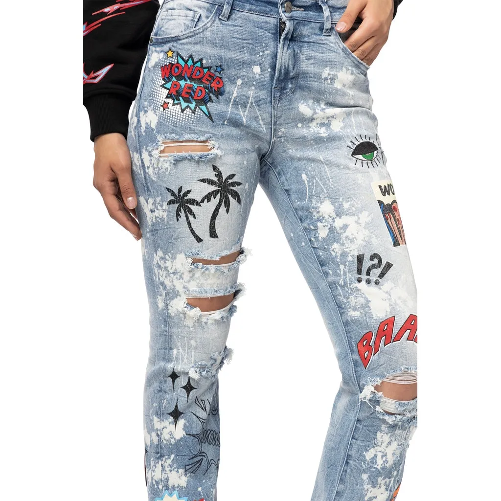 High Rise Straight Graphic Jeans - Cabana Blue
