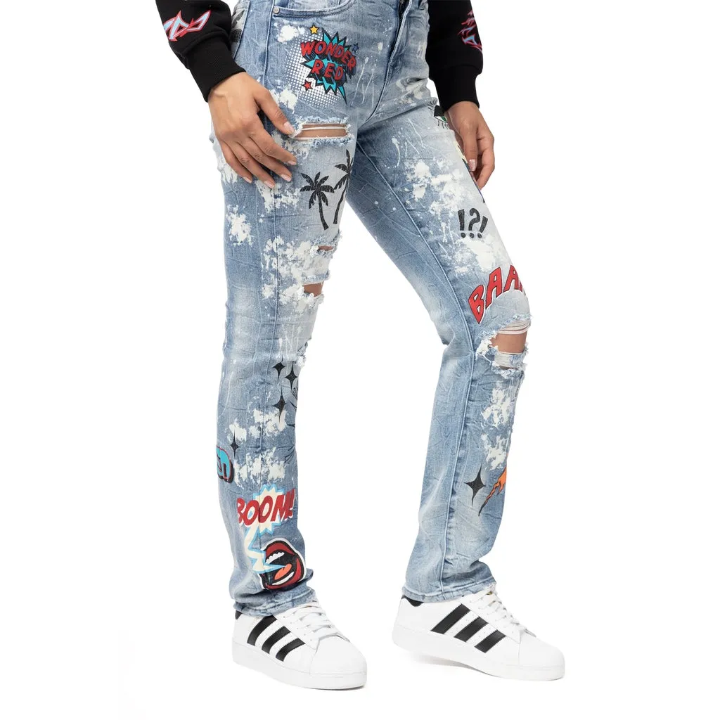 High Rise Straight Graphic Jeans - Cabana Blue
