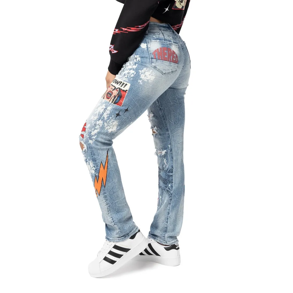 High Rise Straight Graphic Jeans - Cabana Blue