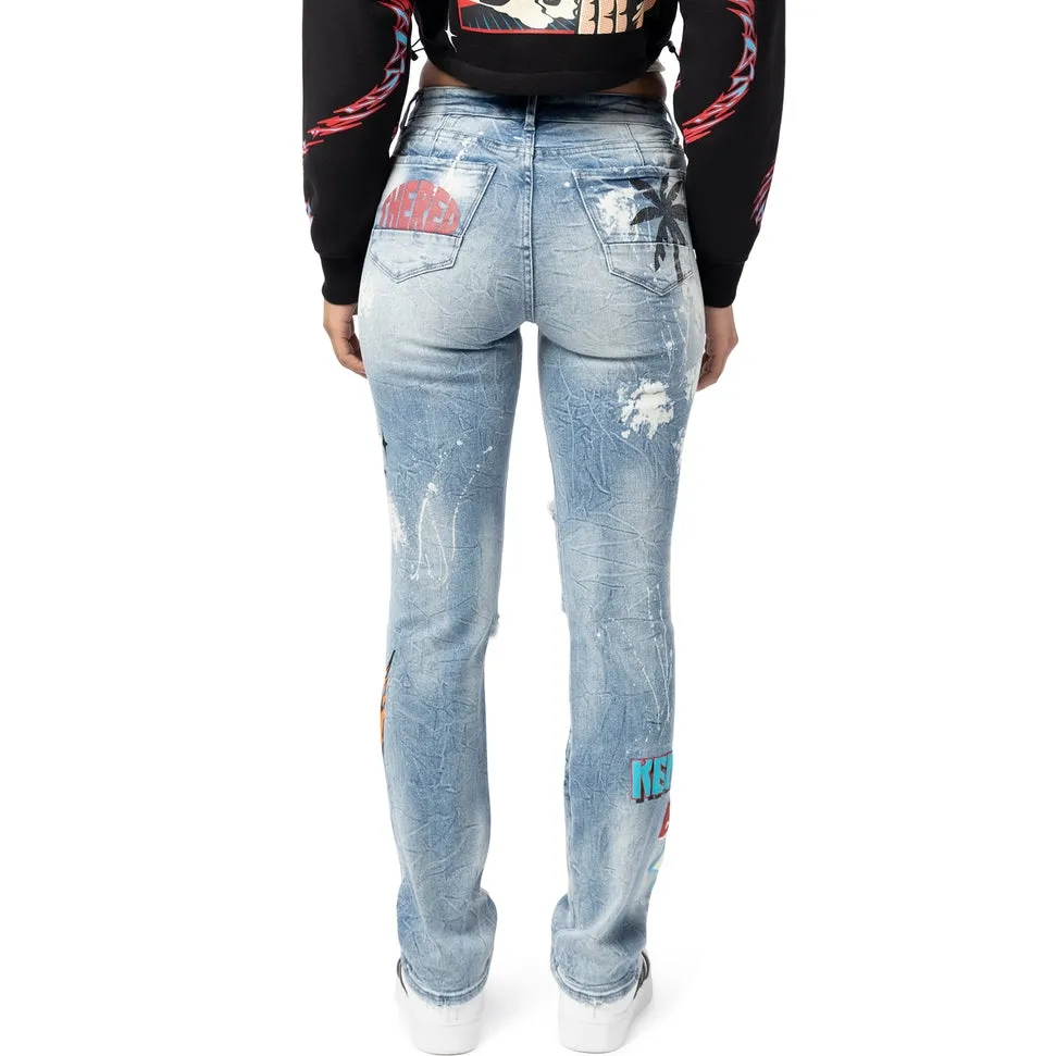 High Rise Straight Graphic Jeans - Cabana Blue