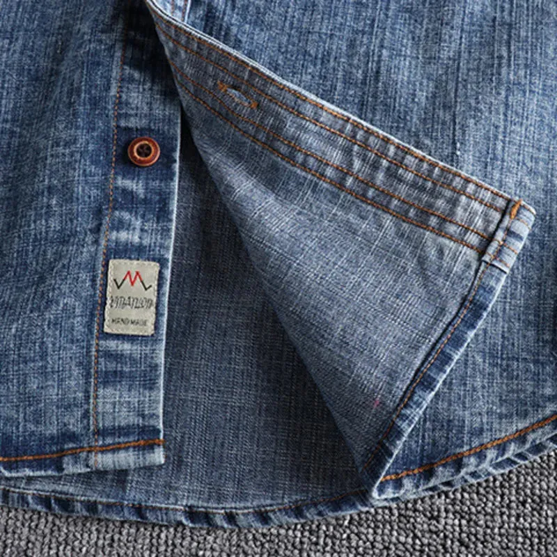 Hnzxzm Retro Male Cargo Snowflake Washed Distressed Denim Shirt Chunky Rough Cotton Uniform Light Casual Work Safari Mens Shirts Top