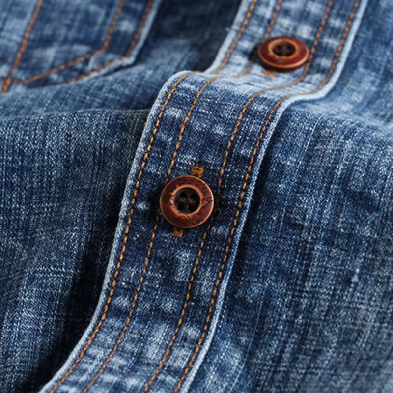 Hnzxzm Retro Male Cargo Snowflake Washed Distressed Denim Shirt Chunky Rough Cotton Uniform Light Casual Work Safari Mens Shirts Top