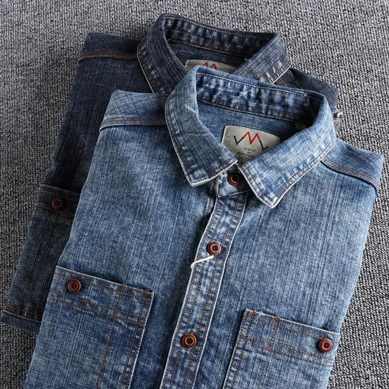 Hnzxzm Retro Male Cargo Snowflake Washed Distressed Denim Shirt Chunky Rough Cotton Uniform Light Casual Work Safari Mens Shirts Top