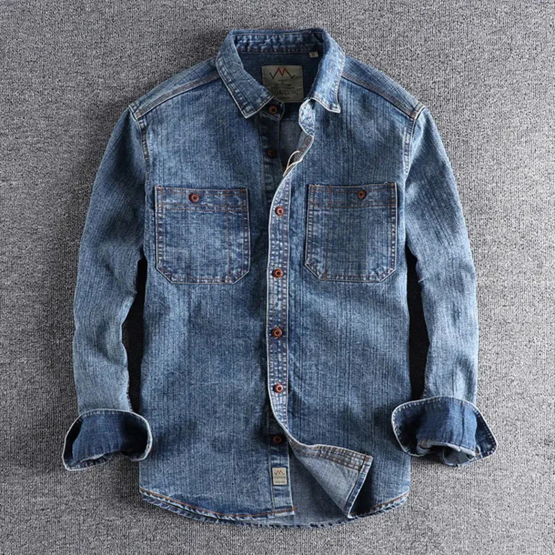 Hnzxzm Retro Male Cargo Snowflake Washed Distressed Denim Shirt Chunky Rough Cotton Uniform Light Casual Work Safari Mens Shirts Top