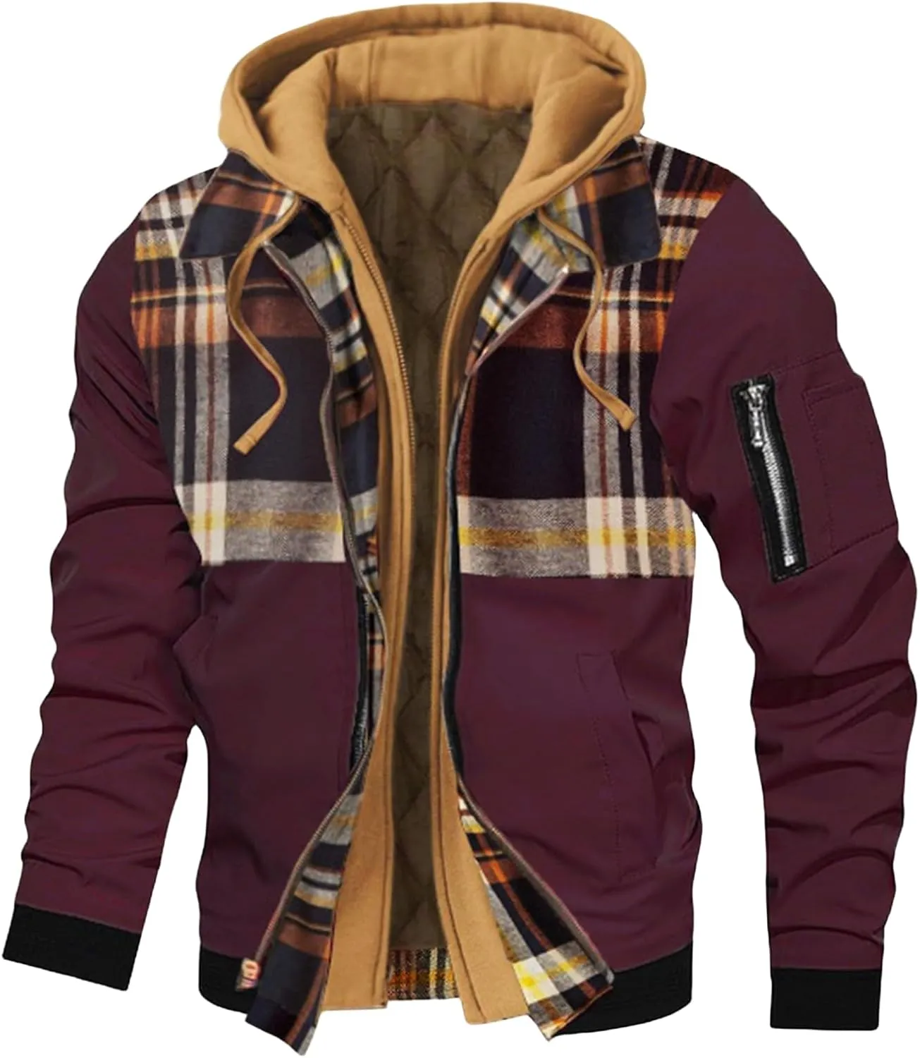 Hooded Jackets for Men Casual Thicken Bomber Jacket Quilted Lined Long Sleeve Plaid Color Block Zip Up Hoodies Coat