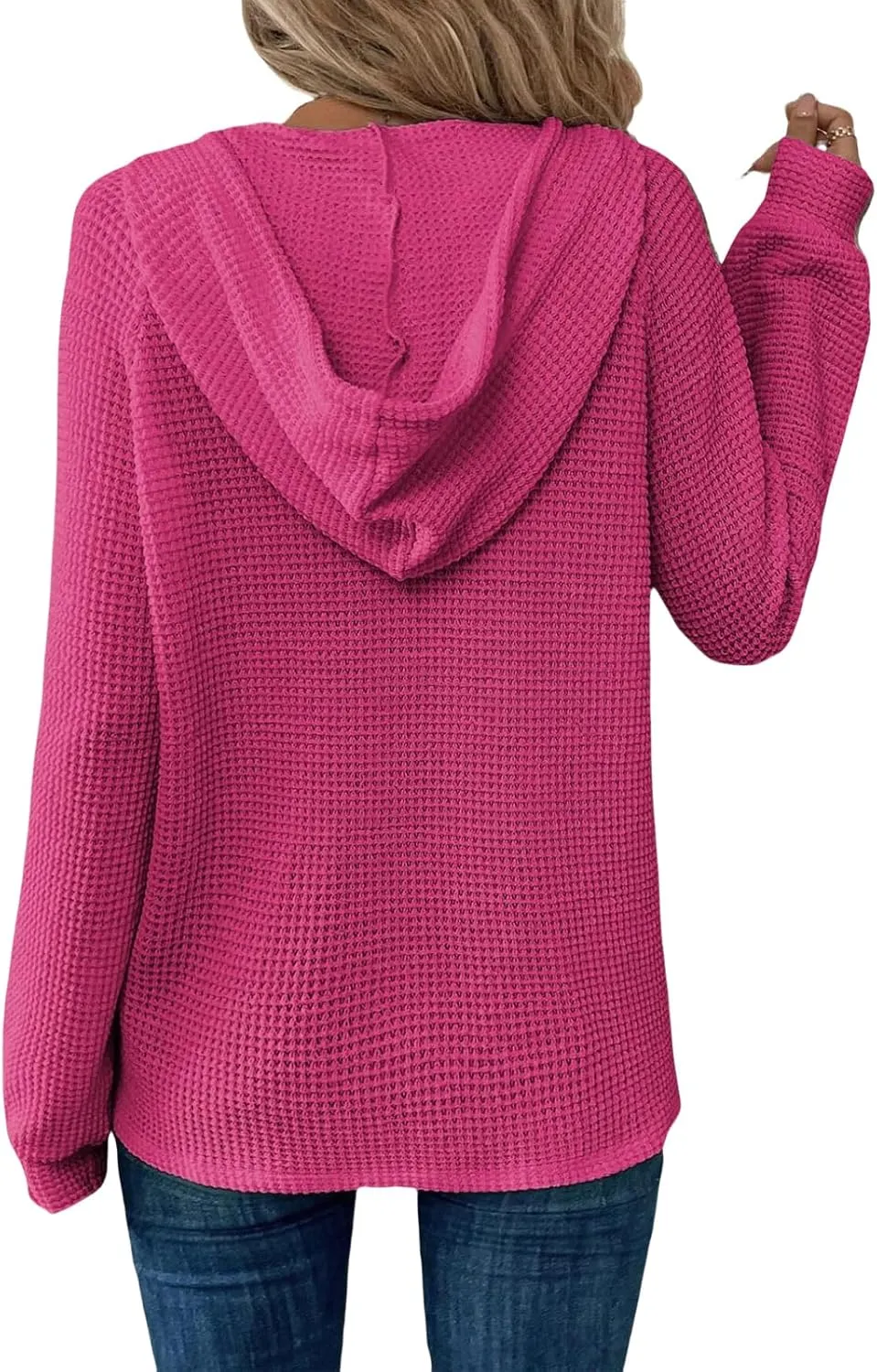 Hoodies for Women Waffle Knit Drawstring Button V Neck Sweatshirt Casual Long Sleeve Hooded Drawstring Pullover Tops