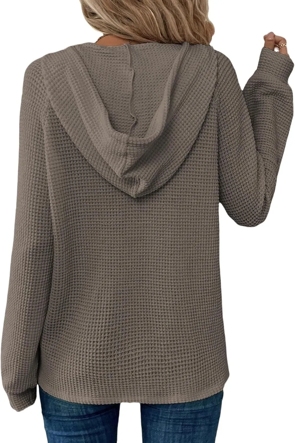 Hoodies for Women Waffle Knit Drawstring Button V Neck Sweatshirt Casual Long Sleeve Hooded Drawstring Pullover Tops