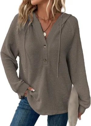 Hoodies for Women Waffle Knit Drawstring Button V Neck Sweatshirt Casual Long Sleeve Hooded Drawstring Pullover Tops