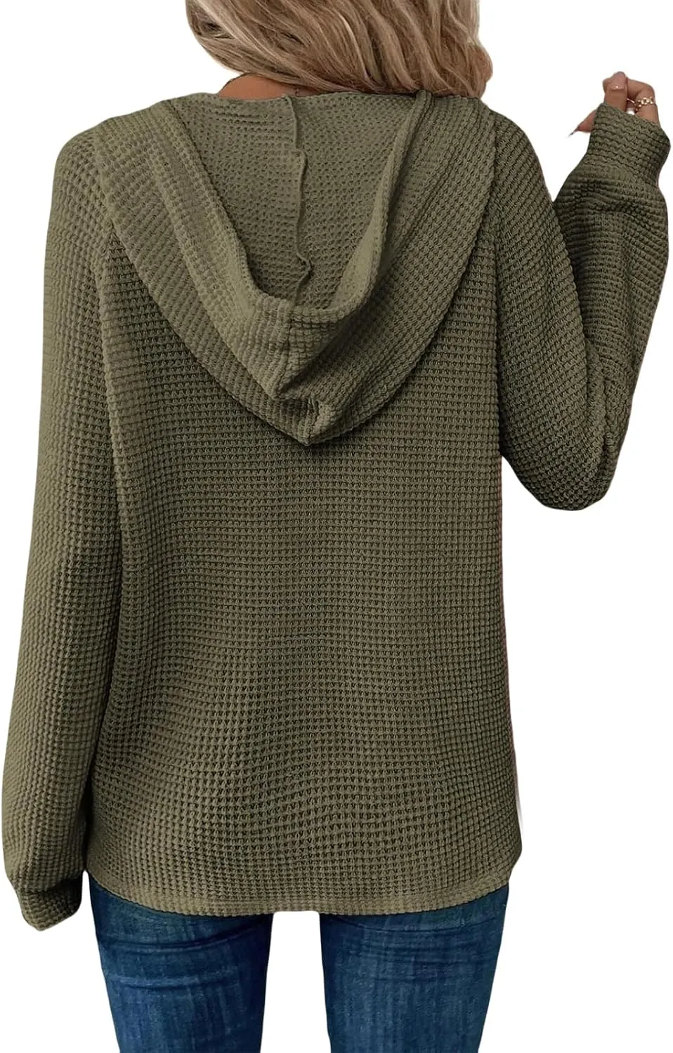 Hoodies for Women Waffle Knit Drawstring Button V Neck Sweatshirt Casual Long Sleeve Hooded Drawstring Pullover Tops