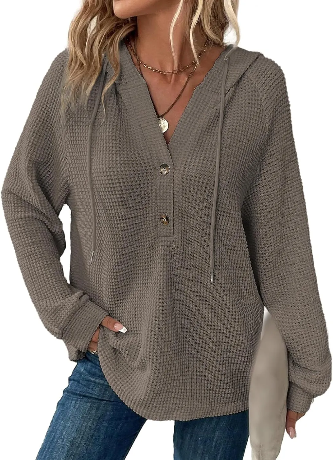 Hoodies for Women Waffle Knit Drawstring Button V Neck Sweatshirt Casual Long Sleeve Hooded Drawstring Pullover Tops