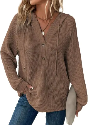 Hoodies for Women Waffle Knit Drawstring Button V Neck Sweatshirt Casual Long Sleeve Hooded Drawstring Pullover Tops