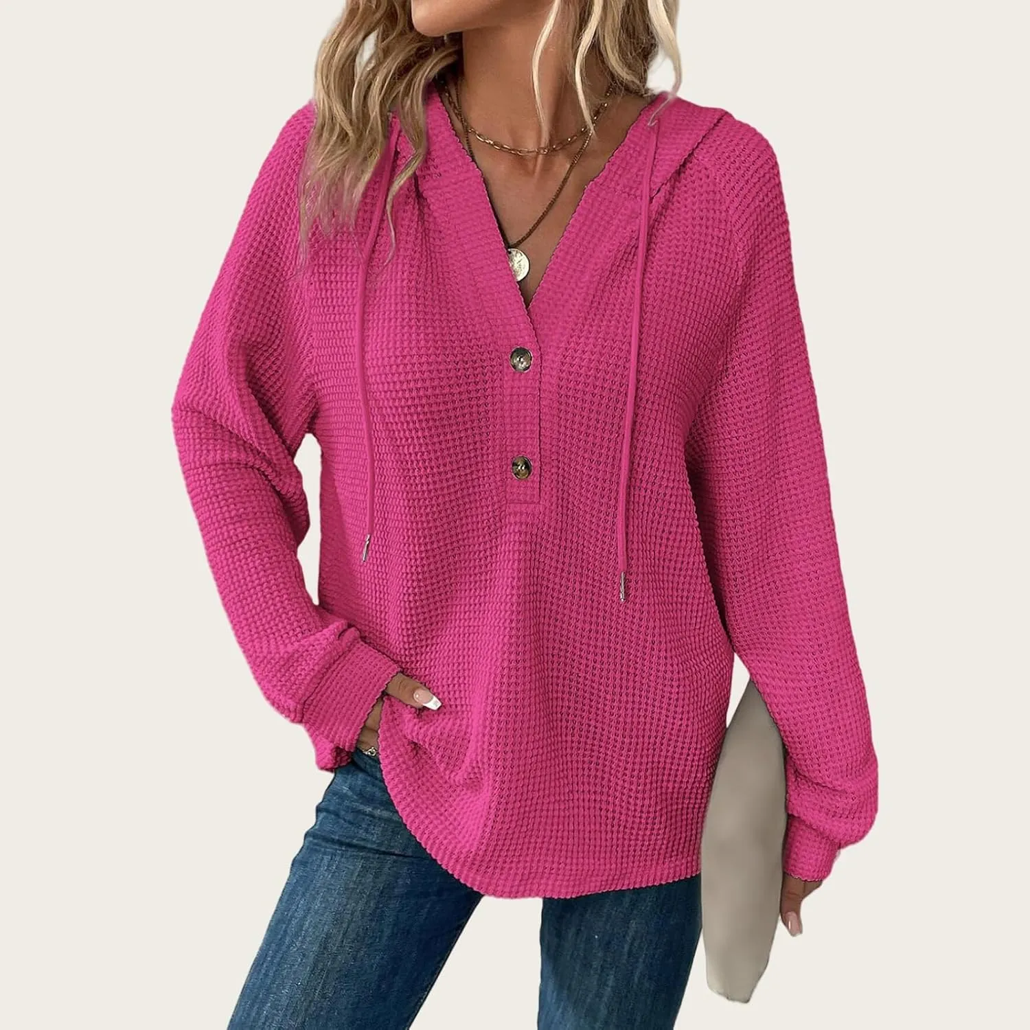 Hoodies for Women Waffle Knit Drawstring Button V Neck Sweatshirt Casual Long Sleeve Hooded Drawstring Pullover Tops