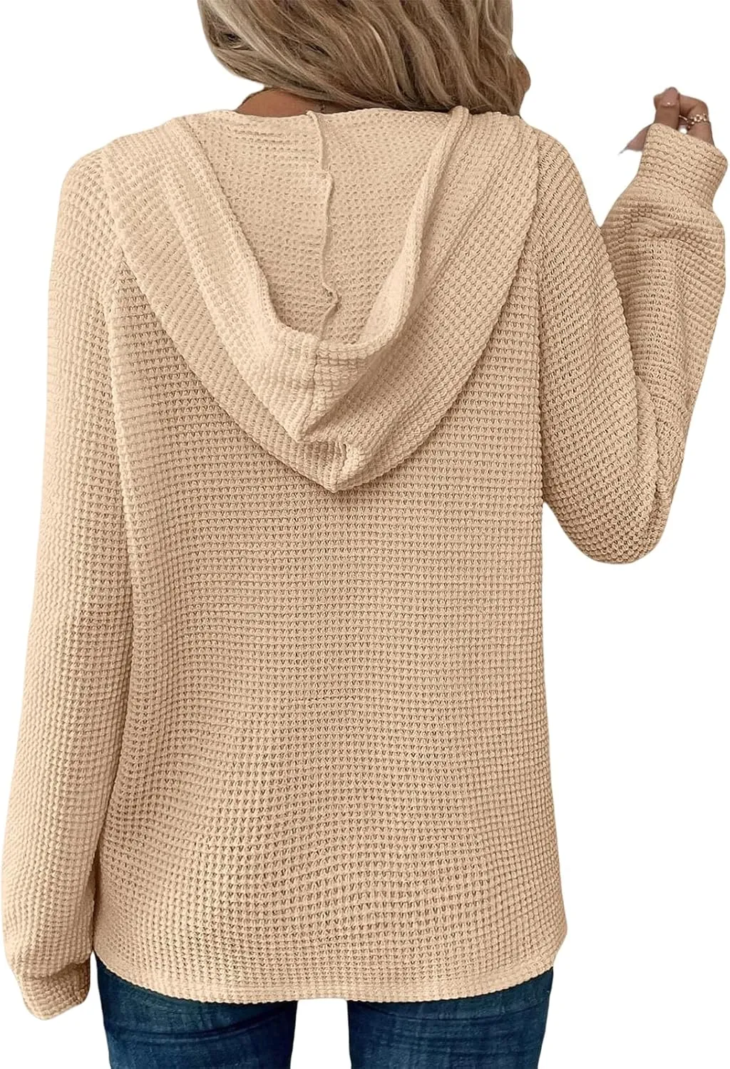 Hoodies for Women Waffle Knit Drawstring Button V Neck Sweatshirt Casual Long Sleeve Hooded Drawstring Pullover Tops