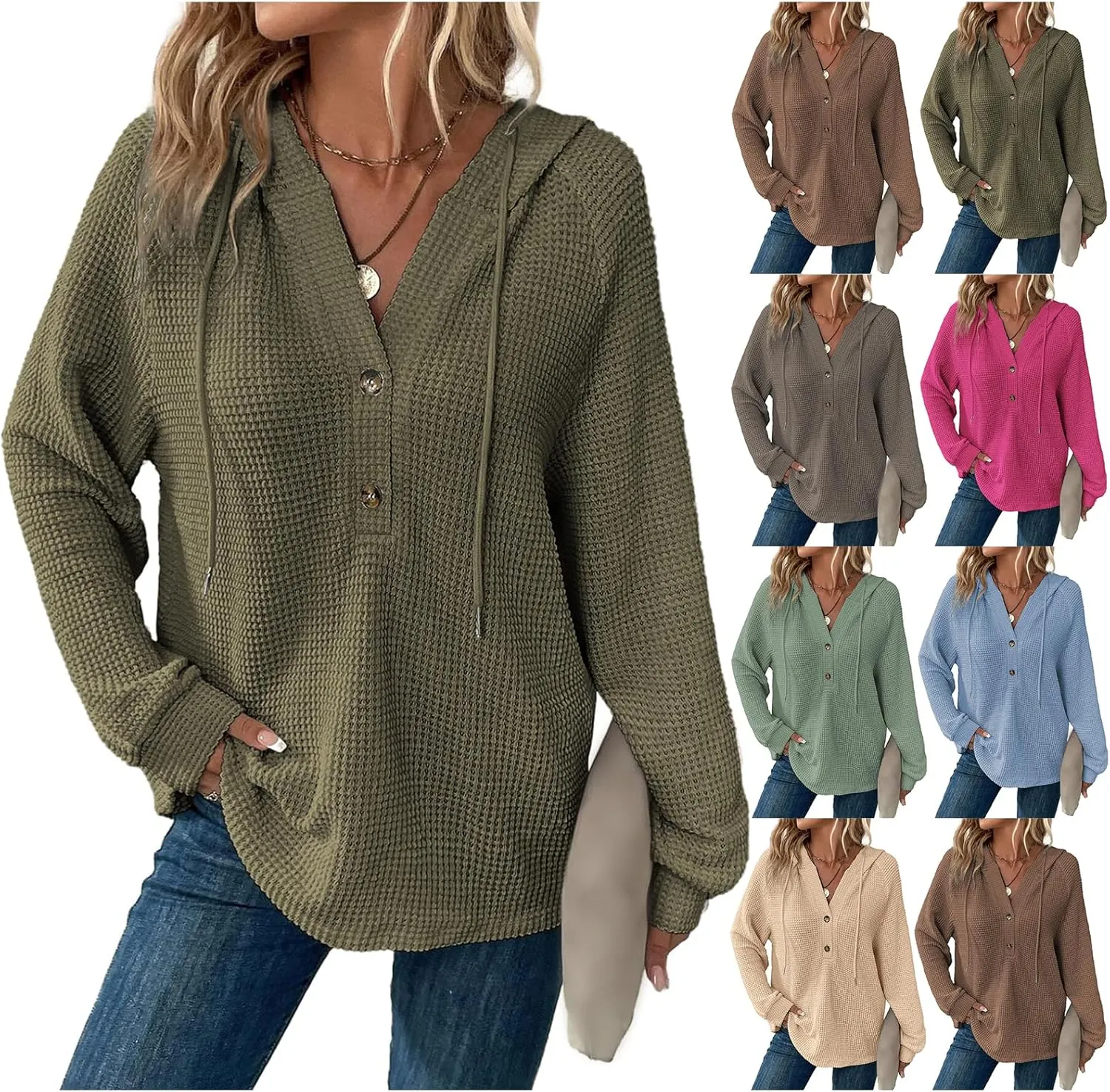 Hoodies for Women Waffle Knit Drawstring Button V Neck Sweatshirt Casual Long Sleeve Hooded Drawstring Pullover Tops