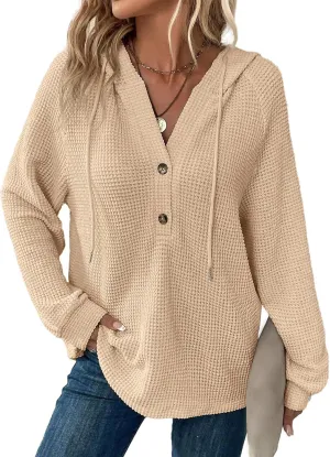 Hoodies for Women Waffle Knit Drawstring Button V Neck Sweatshirt Casual Long Sleeve Hooded Drawstring Pullover Tops