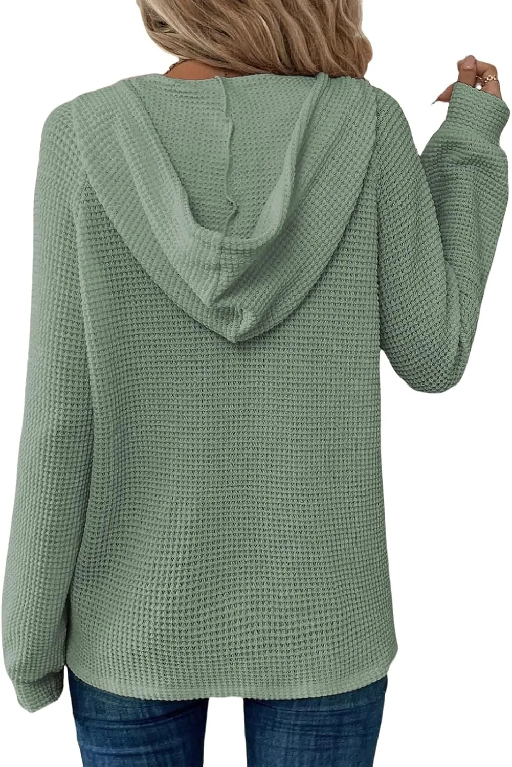 Hoodies for Women Waffle Knit Drawstring Button V Neck Sweatshirt Casual Long Sleeve Hooded Drawstring Pullover Tops