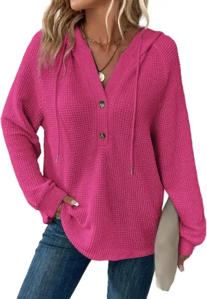 Hoodies for Women Waffle Knit Drawstring Button V Neck Sweatshirt Casual Long Sleeve Hooded Drawstring Pullover Tops