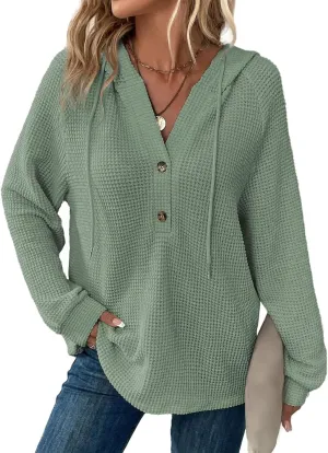 Hoodies for Women Waffle Knit Drawstring Button V Neck Sweatshirt Casual Long Sleeve Hooded Drawstring Pullover Tops