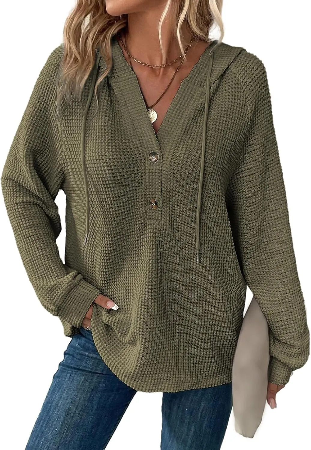Hoodies for Women Waffle Knit Drawstring Button V Neck Sweatshirt Casual Long Sleeve Hooded Drawstring Pullover Tops