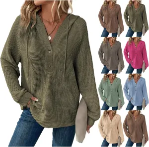 Hoodies for Women Waffle Knit Drawstring Button V Neck Sweatshirt Casual Long Sleeve Hooded Drawstring Pullover Tops