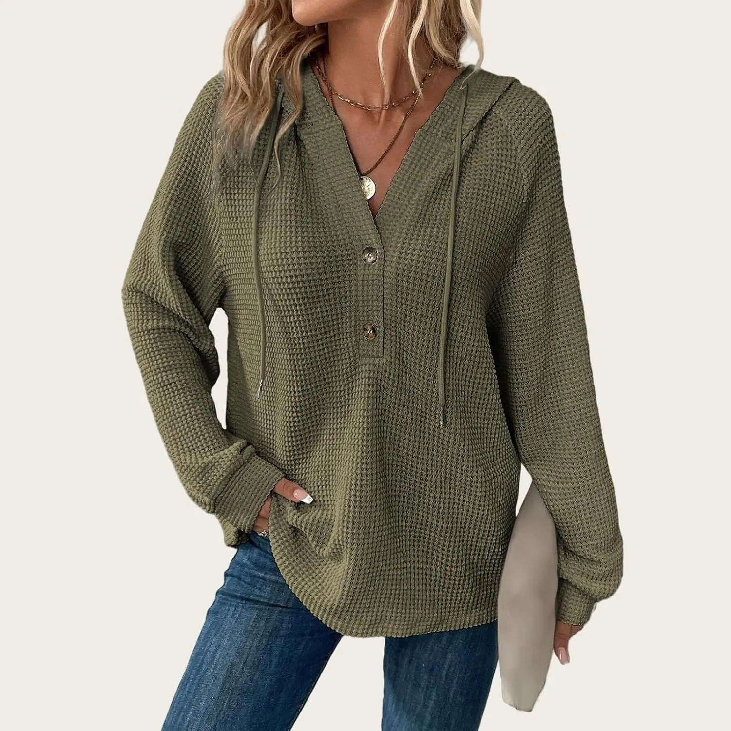 Hoodies for Women Waffle Knit Drawstring Button V Neck Sweatshirt Casual Long Sleeve Hooded Drawstring Pullover Tops