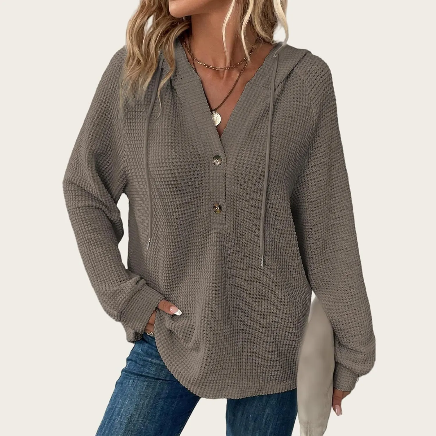 Hoodies for Women Waffle Knit Drawstring Button V Neck Sweatshirt Casual Long Sleeve Hooded Drawstring Pullover Tops