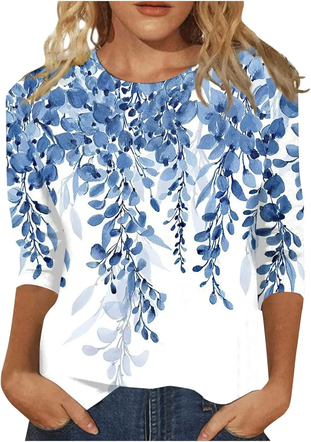 HTHLVMD Womens 3/4 Length Sleeve Tops 2025 Spring Summer Floral Print Crewneck Causal Trendy Tunic Tops for Women