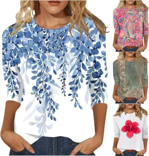 HTHLVMD Womens 3/4 Length Sleeve Tops 2025 Spring Summer Floral Print Crewneck Causal Trendy Tunic Tops for Women