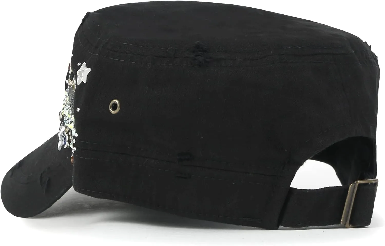 ililily Rhinestone Cotton Cadet Cap Vintage Distressed Cotton Military Army Hat