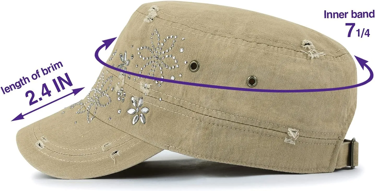 ililily Rhinestone Cotton Cadet Cap Vintage Distressed Cotton Military Army Hat