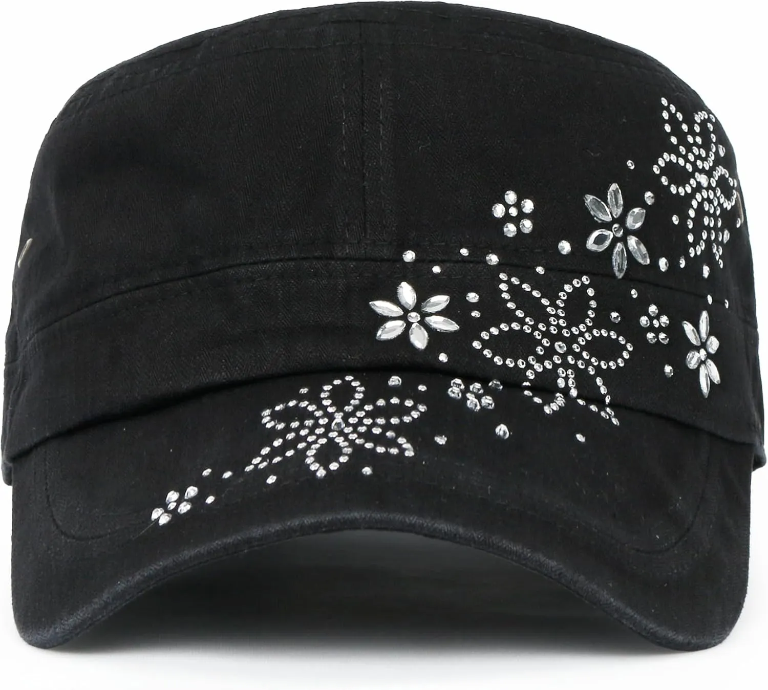 ililily Rhinestone Cotton Cadet Cap Vintage Distressed Cotton Military Army Hat