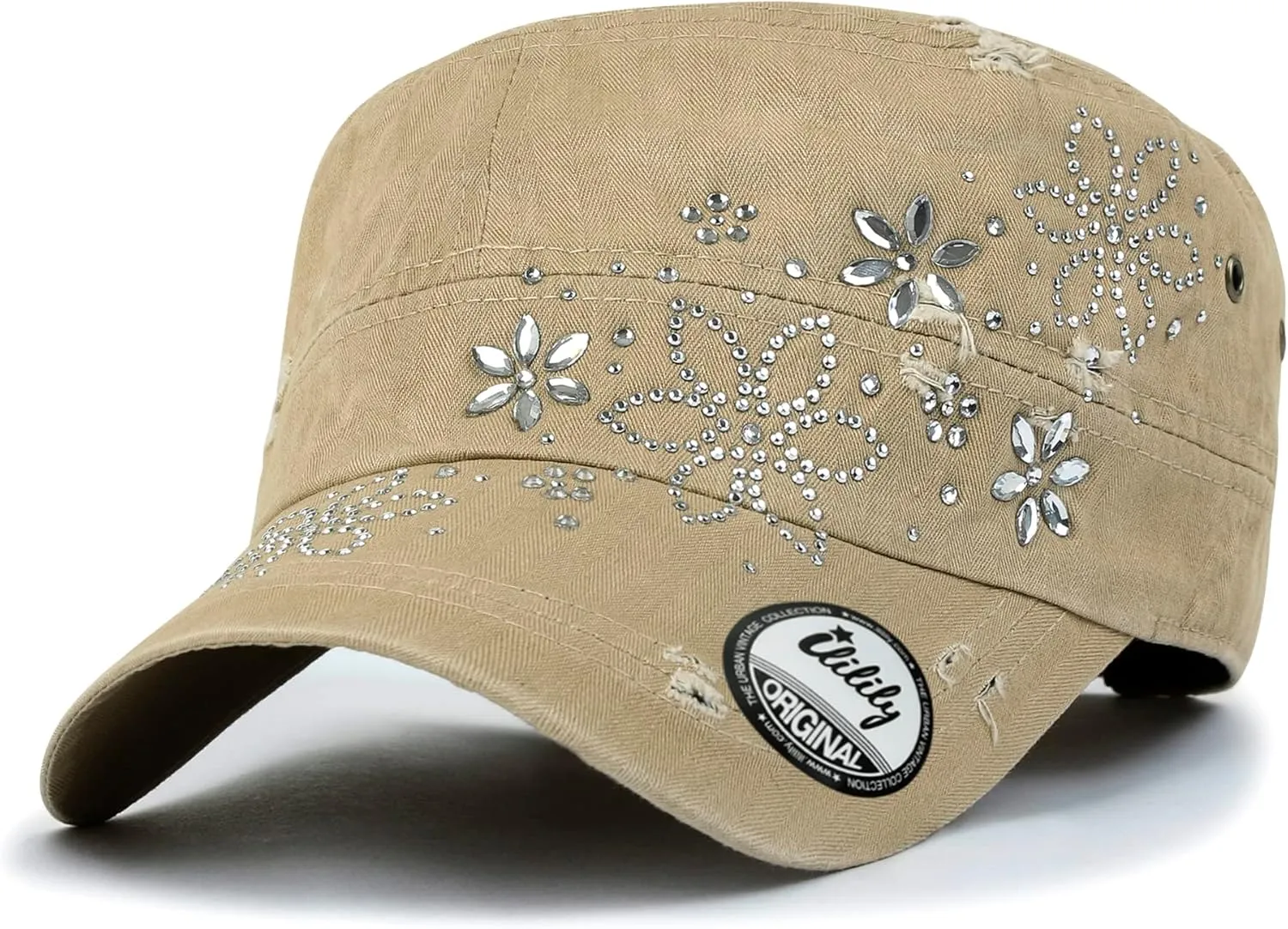 ililily Rhinestone Cotton Cadet Cap Vintage Distressed Cotton Military Army Hat