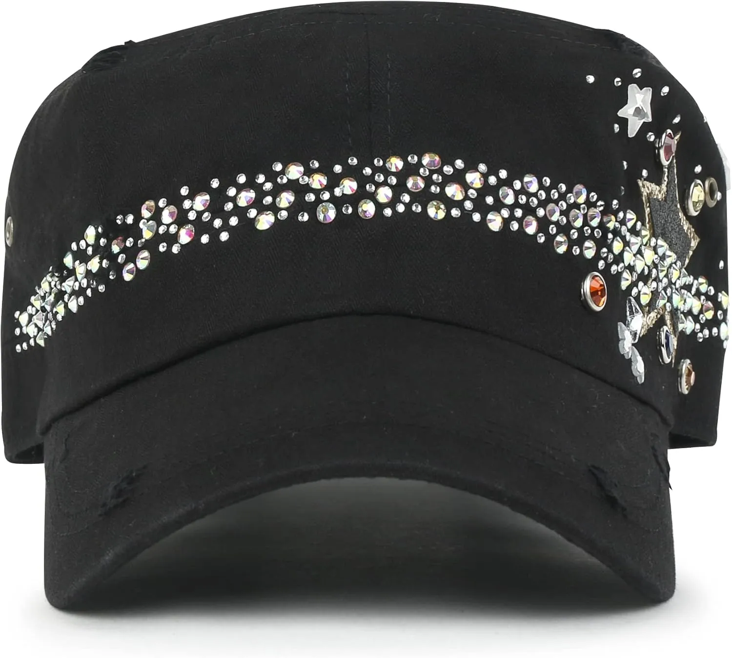 ililily Rhinestone Cotton Cadet Cap Vintage Distressed Cotton Military Army Hat