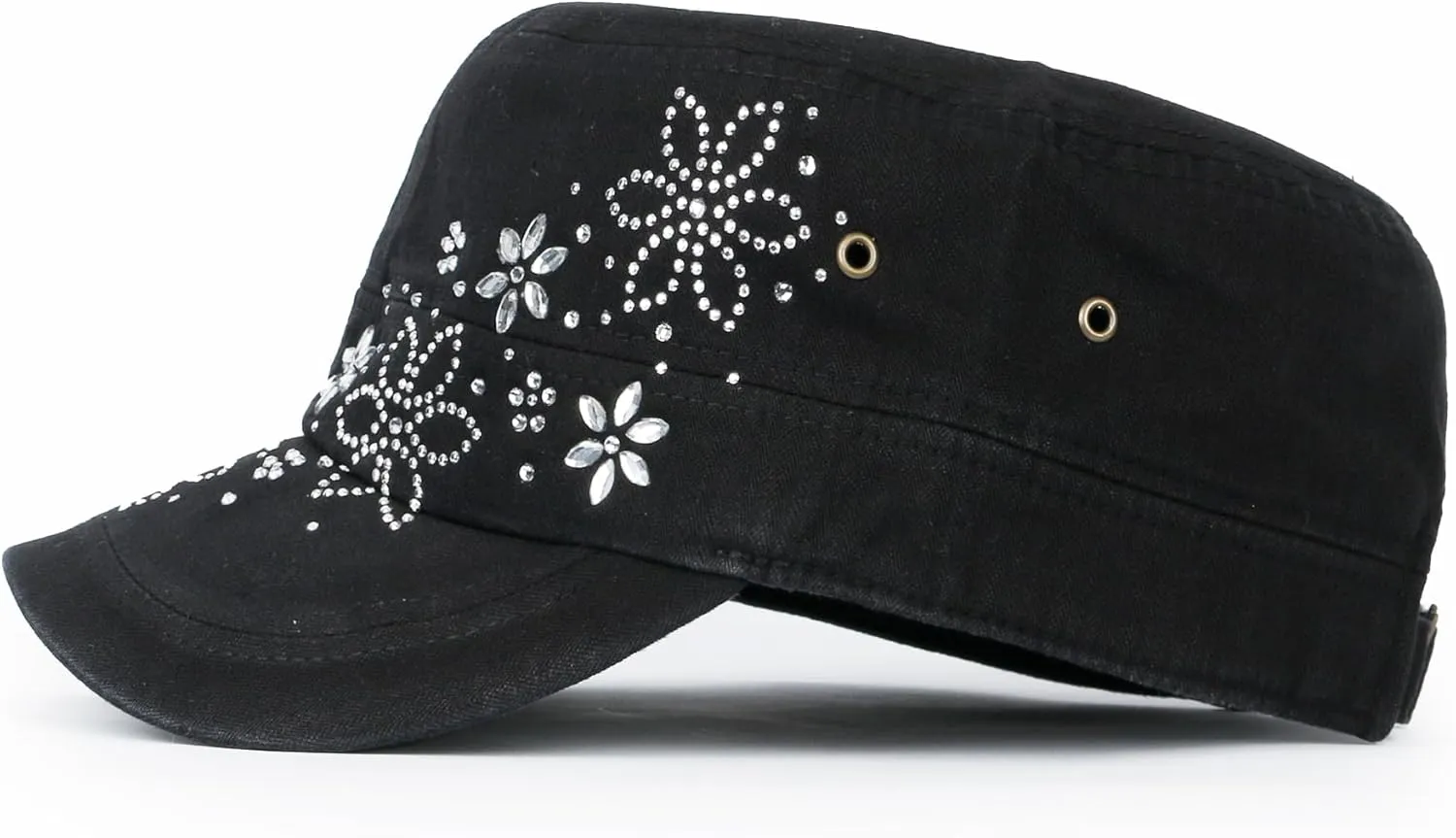 ililily Rhinestone Cotton Cadet Cap Vintage Distressed Cotton Military Army Hat