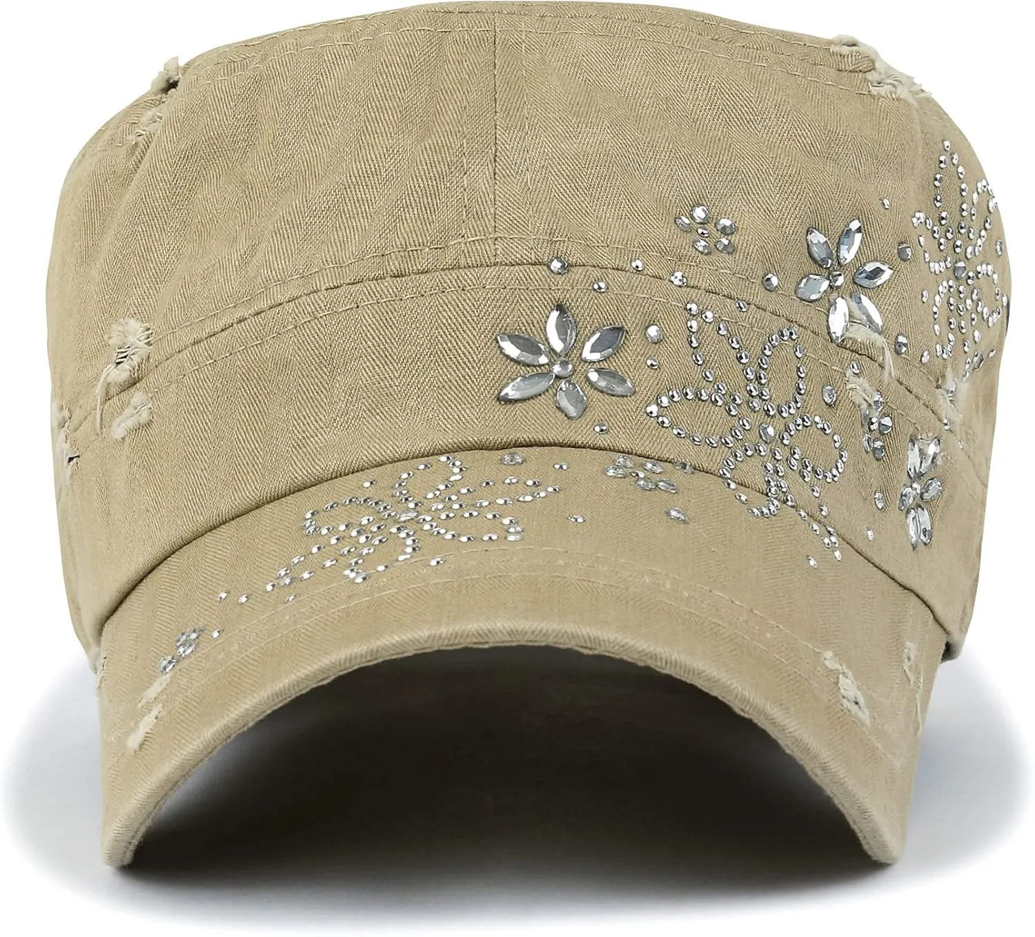 ililily Rhinestone Cotton Cadet Cap Vintage Distressed Cotton Military Army Hat